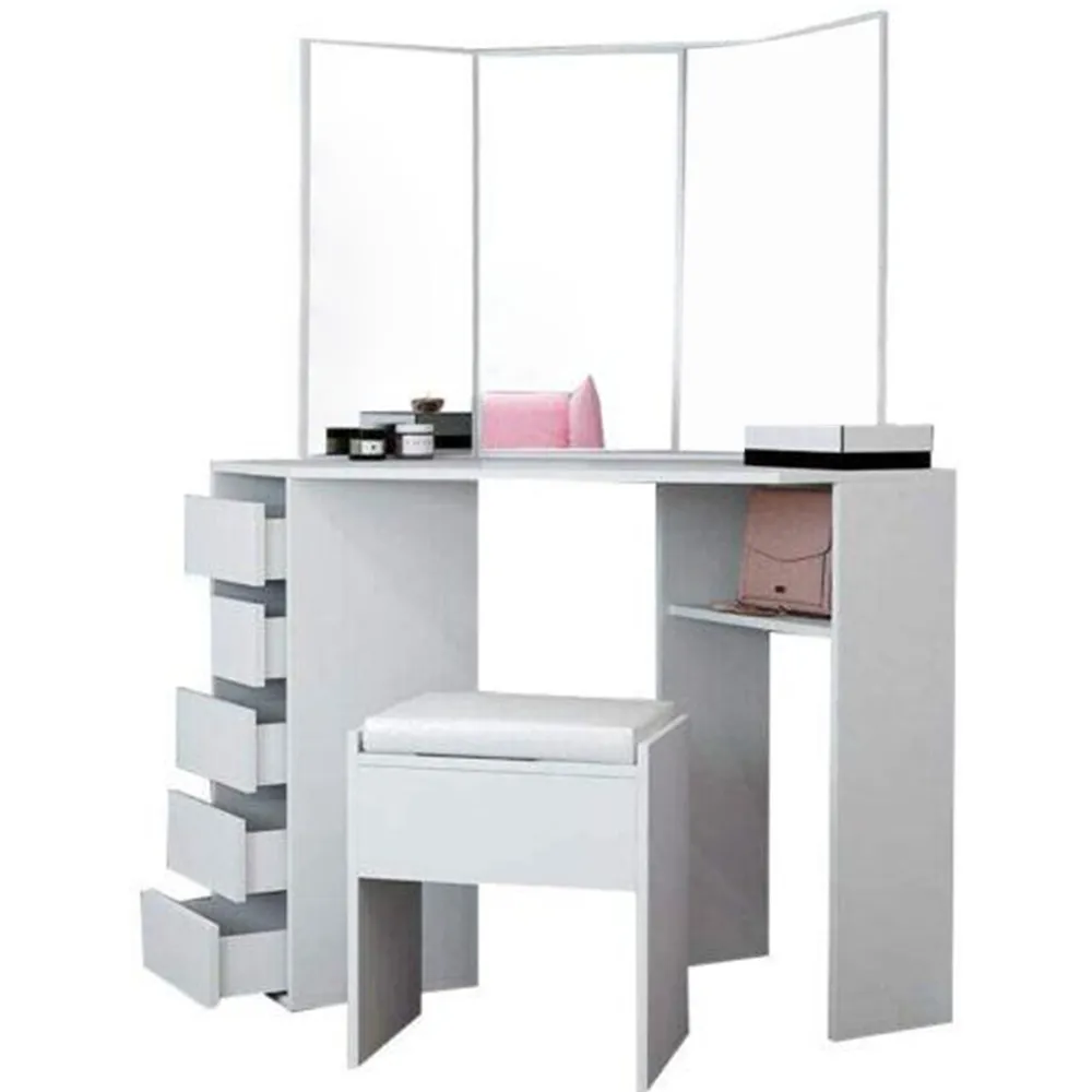 5 Drawer Corner Dressing Table Set with Mirror - White