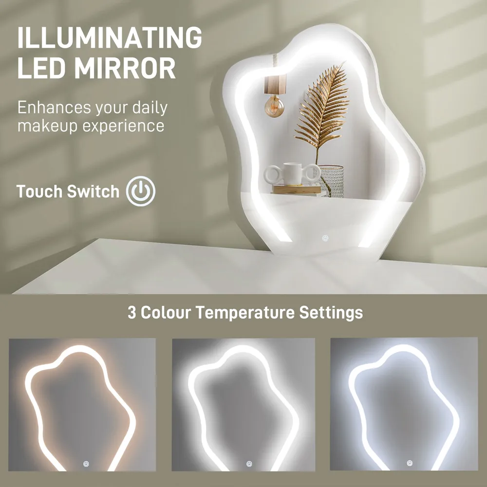 5 Drawer Dressing Table with LED Leaf Shape Mirror - White