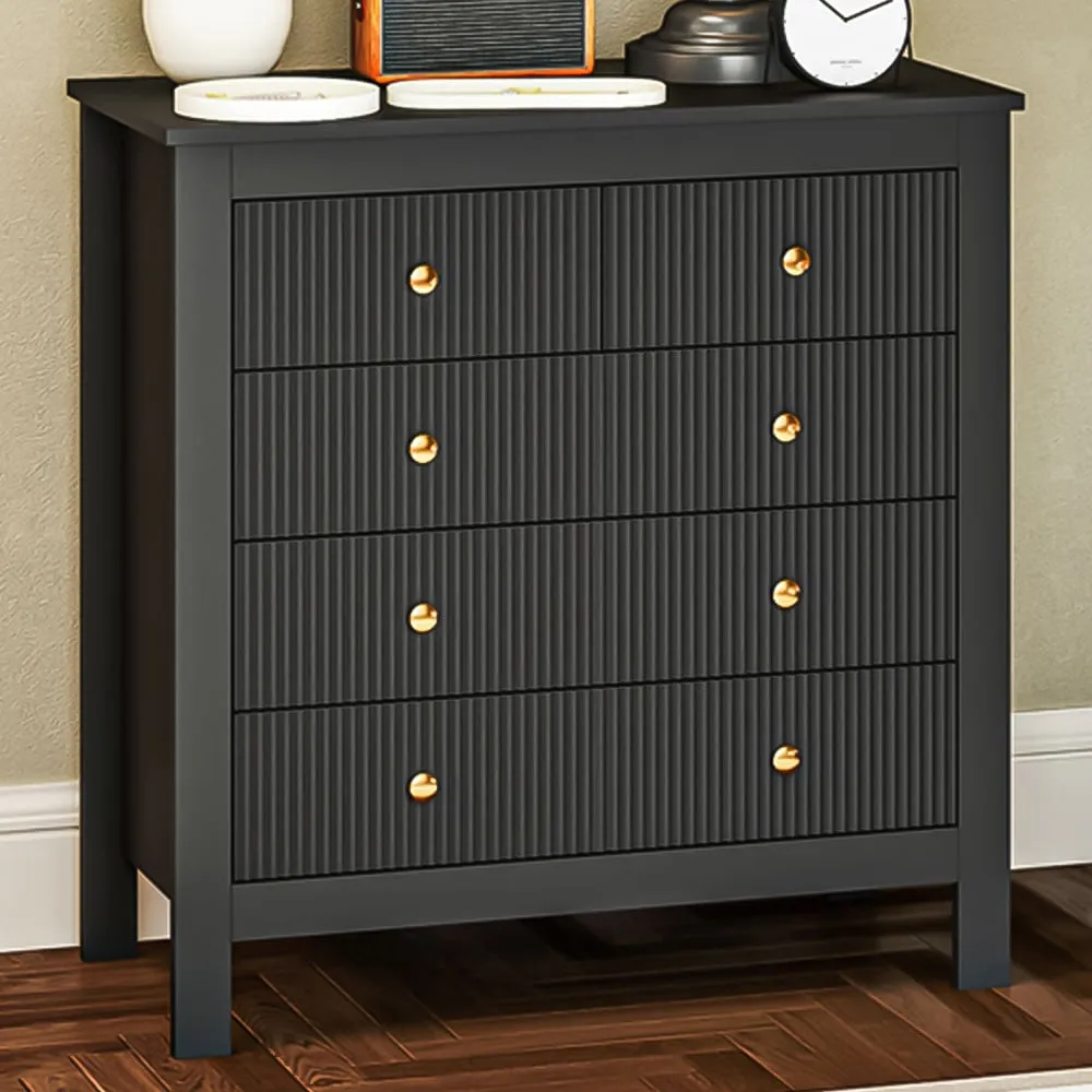 5 Drawer Fluted Chest with Gold Handles - Black