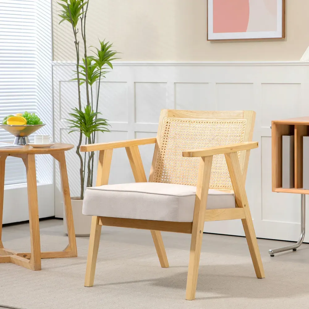 Accent Chair with Rattan Back - Yellow, Fabric