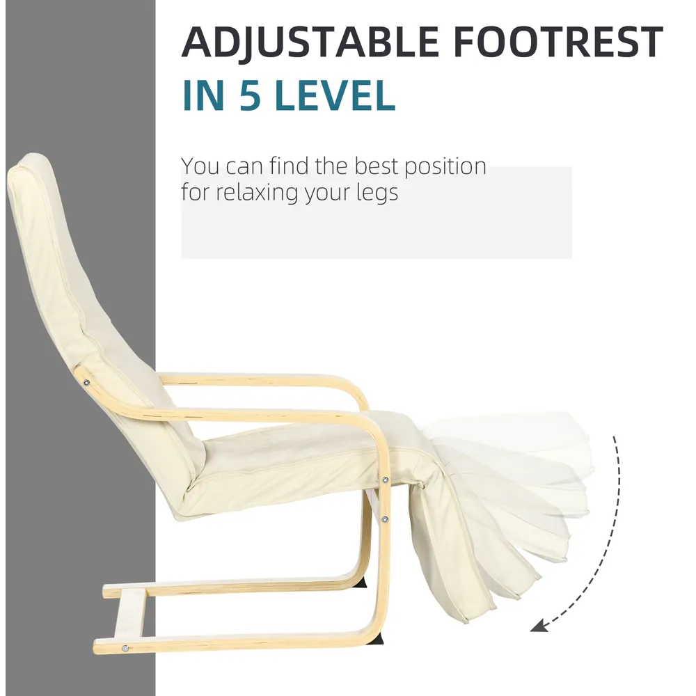Adjustable Lounging Chair with Leg Rest - Cream, Birch Wood