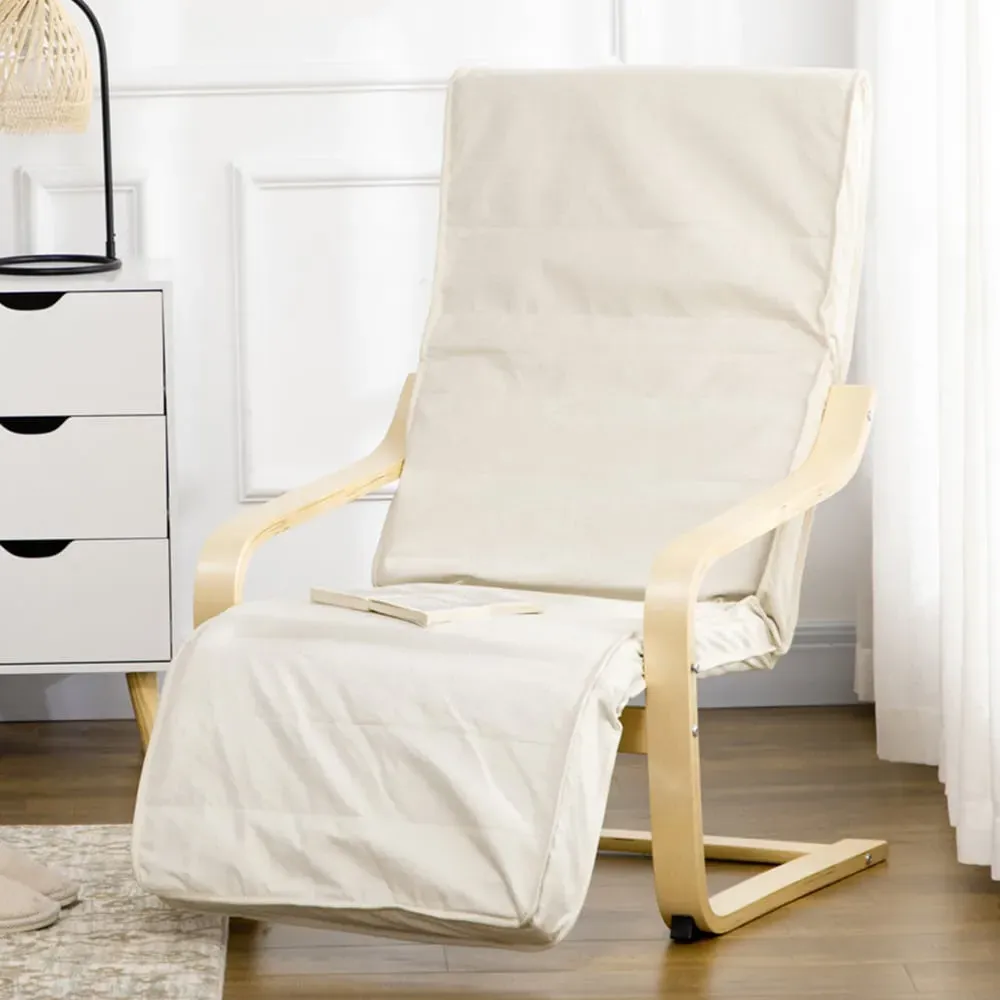 Adjustable Lounging Chair with Leg Rest - Cream, Birch Wood