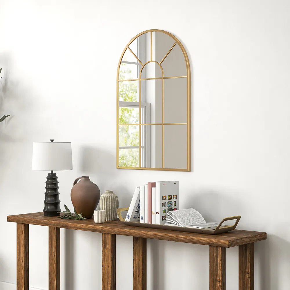 Arched Window Wall Mirror - Gold Tone, Metal