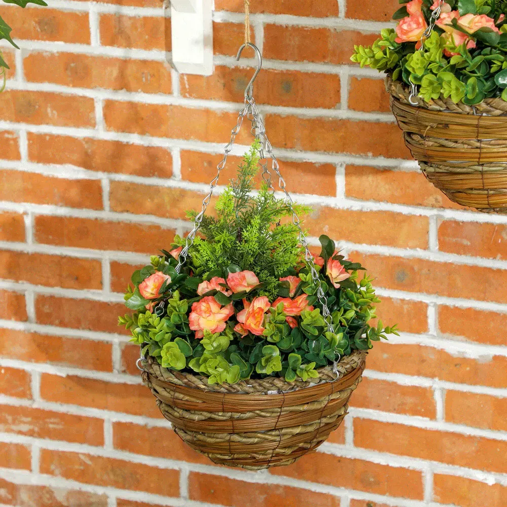 Artificial Lisianthus Hanging Planter 2 Pack - Orange