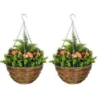 Artificial Lisianthus Hanging Planter 2 Pack - Orange