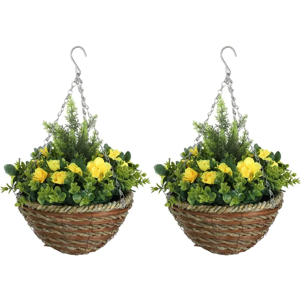 Artificial Lisianthus Hanging Planter 2 Pack - Yellow
