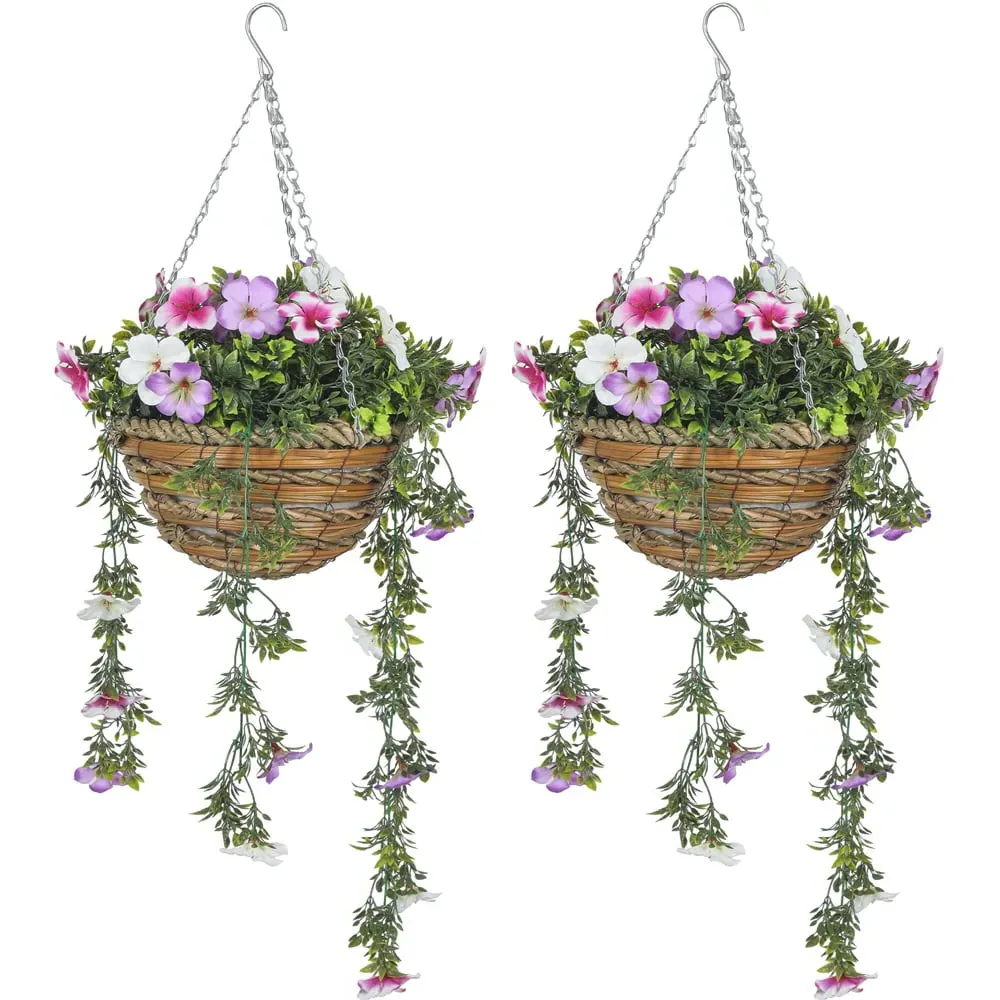 Azalea Artificial Plants in Hanging Basket 2 Pack - White