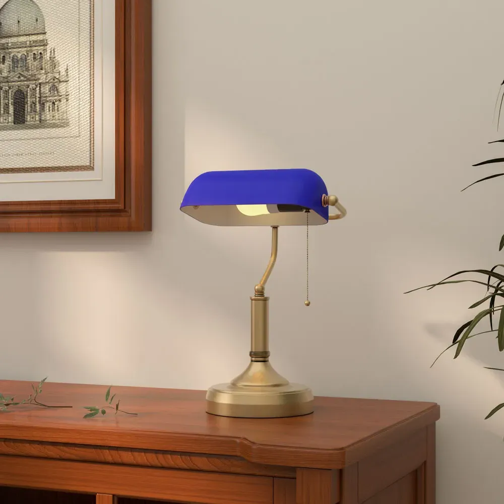 Banker's Table Lamp - Blue, Antique Bronze