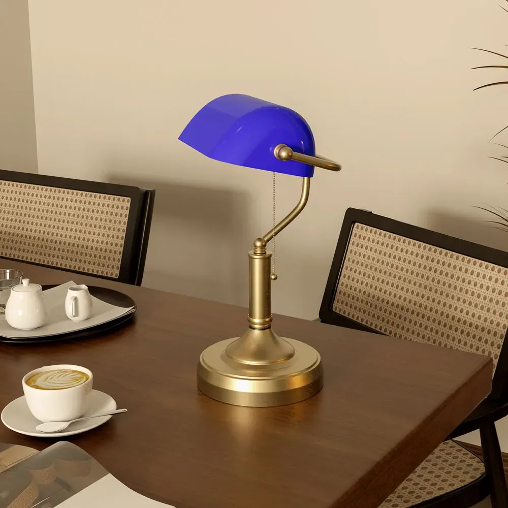 Banker's Table Lamp - Blue, Antique Bronze