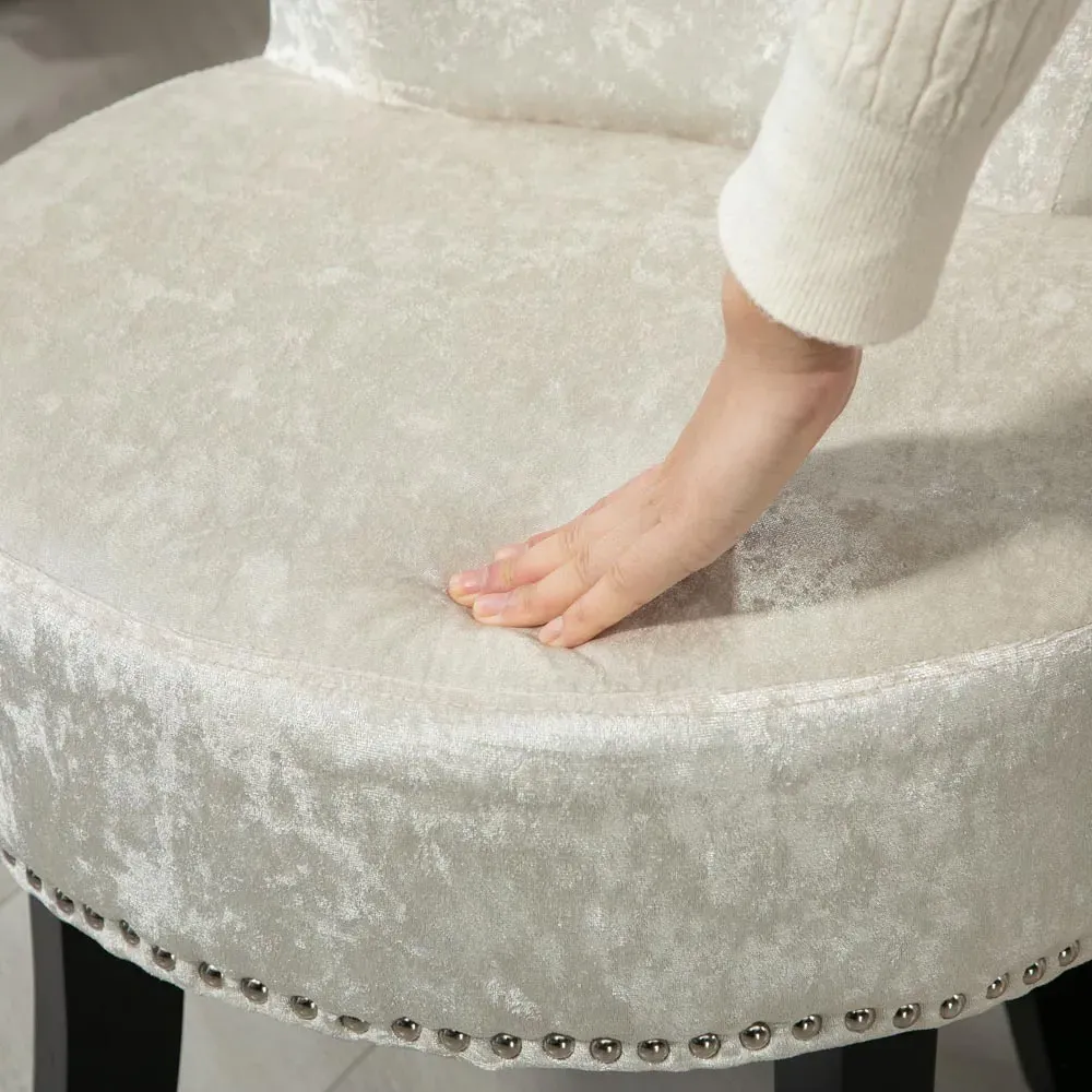 Beige Vanity Stool with Rubber Wood Legs - White