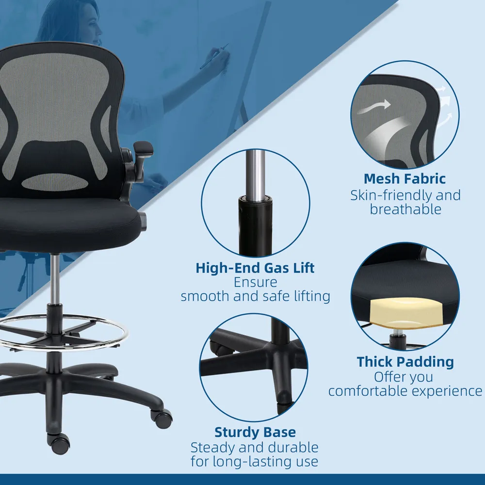 Black Mesh Swivel Standing Desk Chair with Adjustable Footrest