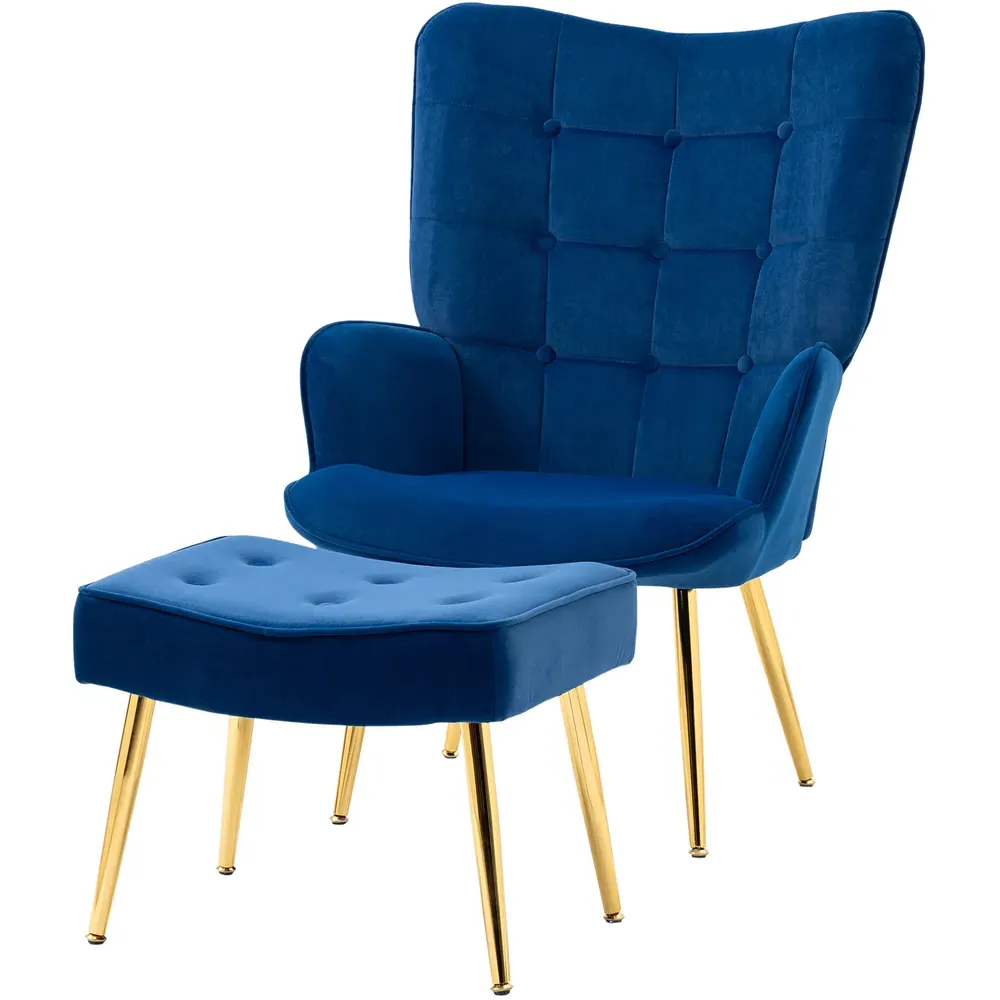 Button Tufted Wing Back Chair with Footstool - Blue