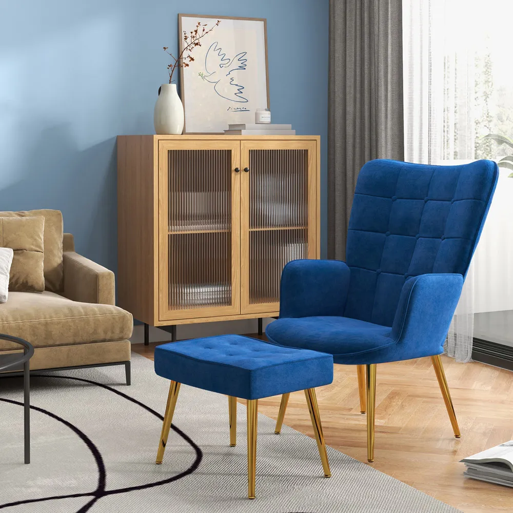 Button Tufted Wing Back Chair with Footstool - Blue