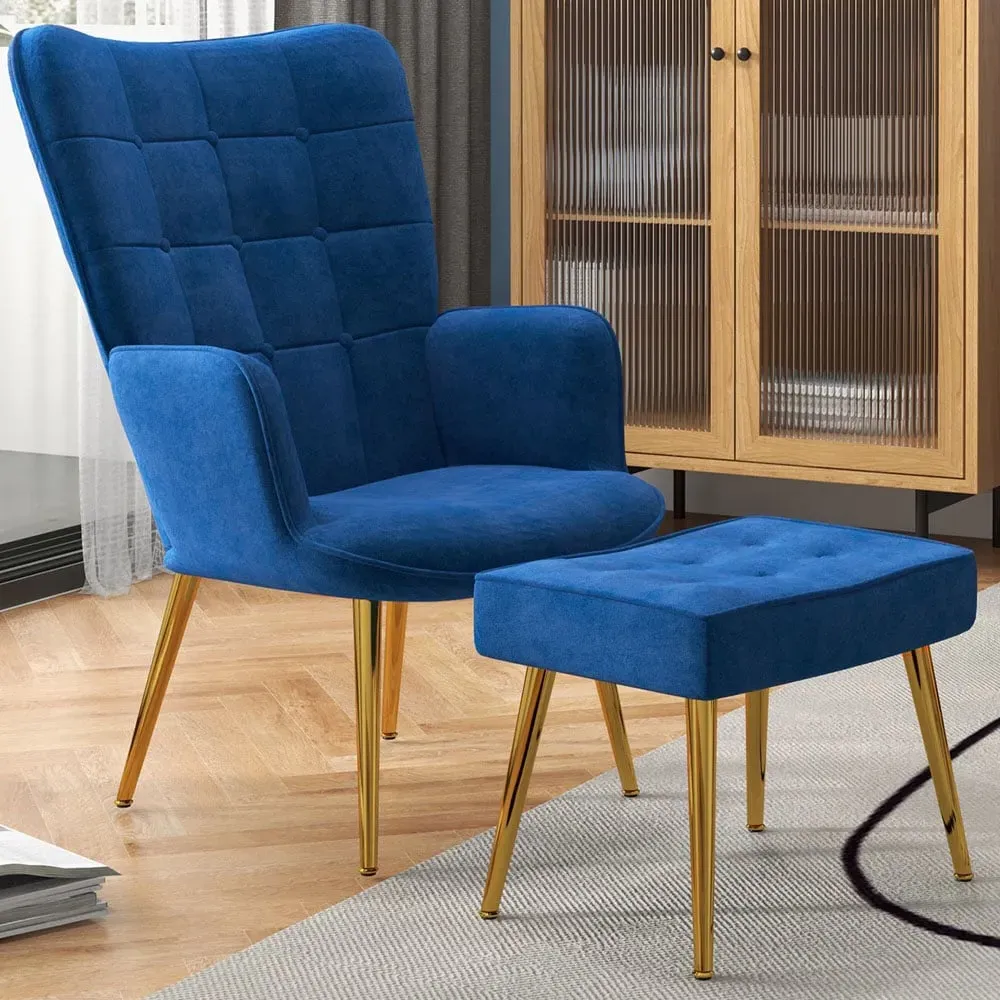 Button Tufted Wing Back Chair with Footstool - Blue