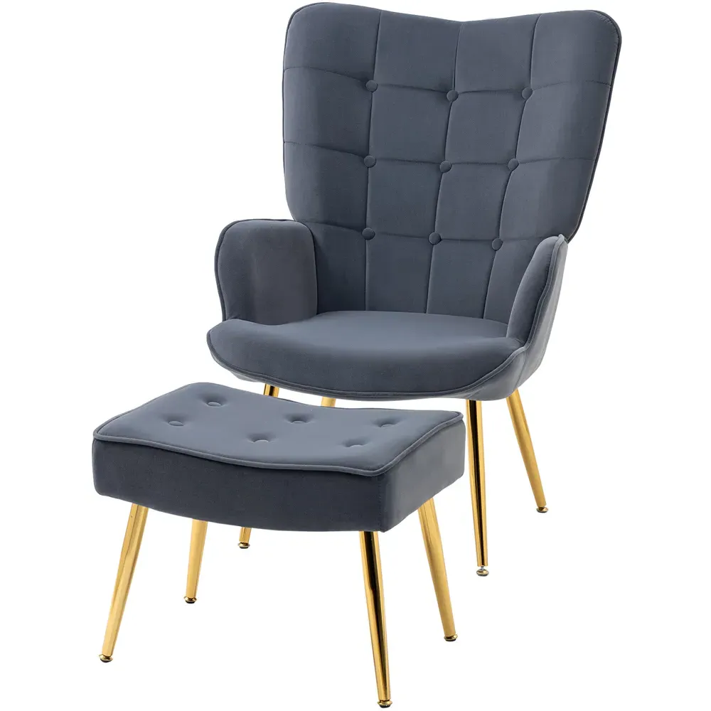 Button Tufted Wing Back Chair with Footstool - Grey