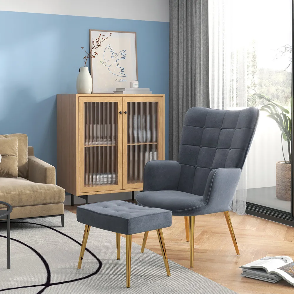 Button Tufted Wing Back Chair with Footstool - Grey