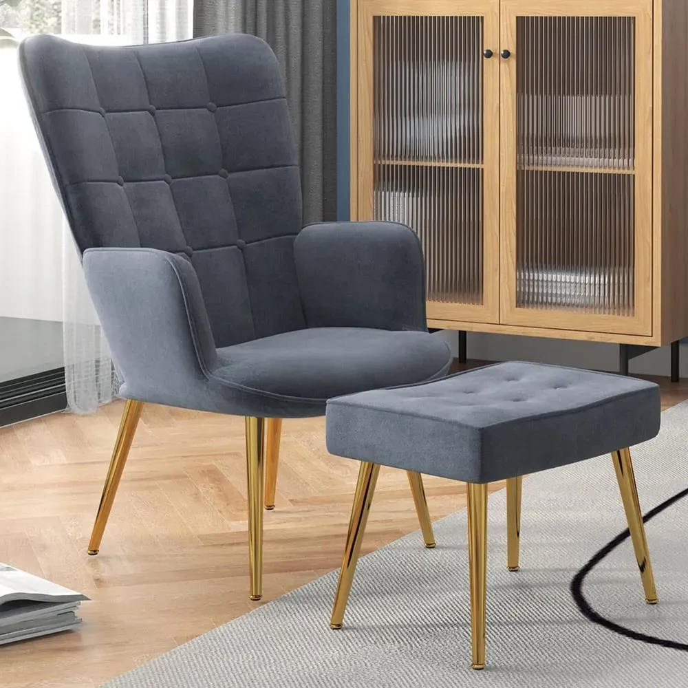 Button Tufted Wing Back Chair with Footstool - Grey image