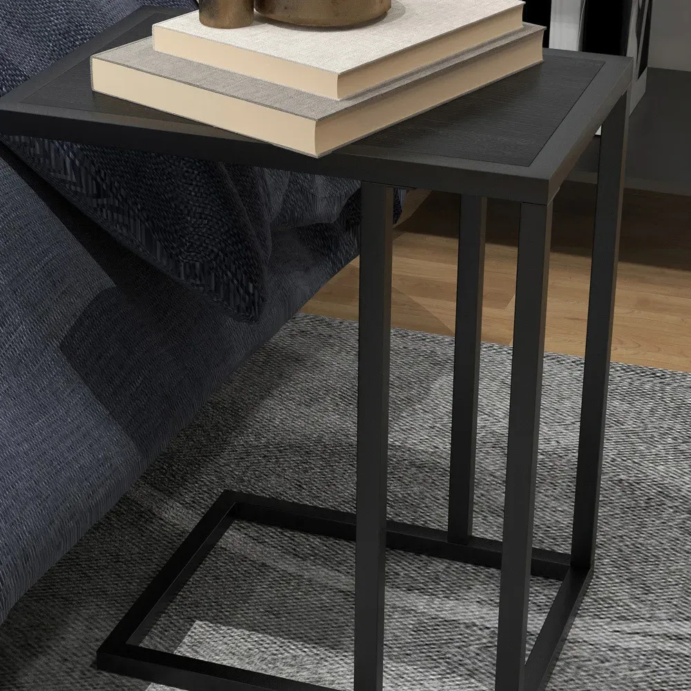 C-Shape Side Table with Marble Effect Top - Black