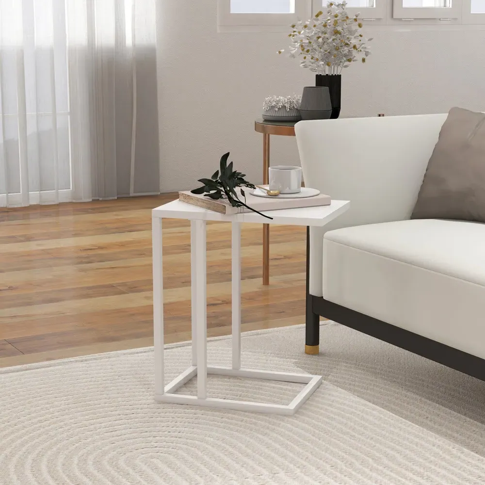C-Shape Side Table with Marble Effect Top - White