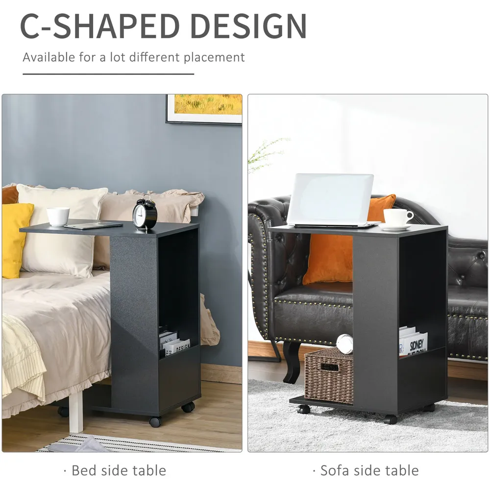 C-Shaped Mobile Side Table with Storage - Black