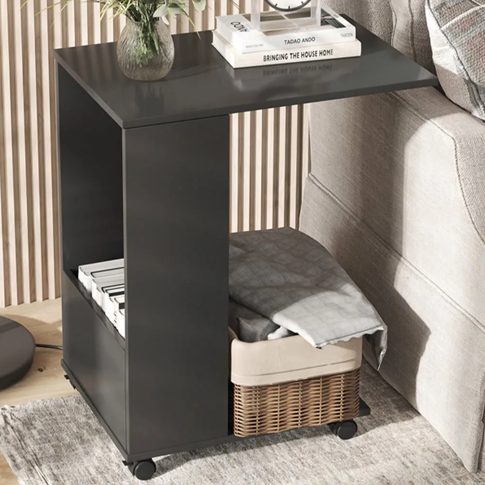 C-Shaped Mobile Side Table with Storage - Black