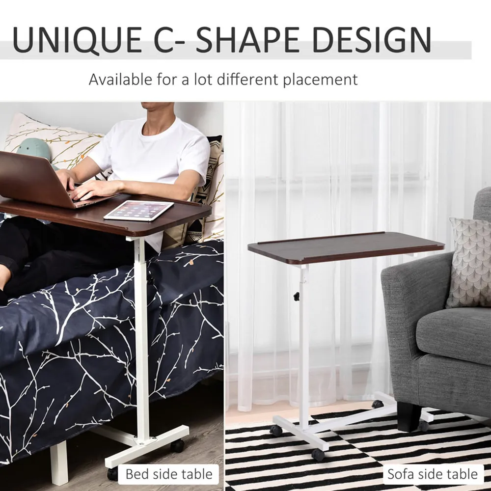 C-Shaped Overbed Side Table with Wheels - Brown