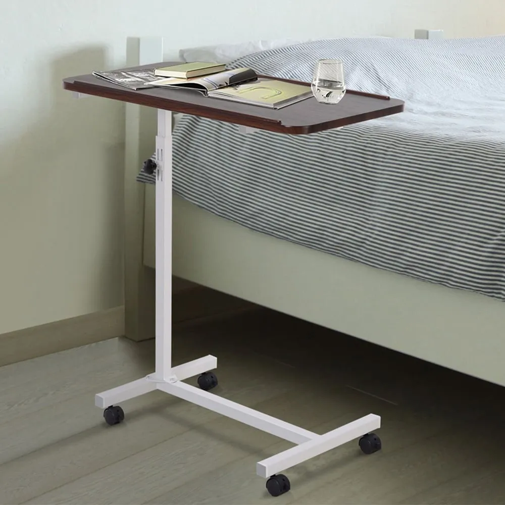 C-Shaped Overbed Side Table with Wheels - Brown
