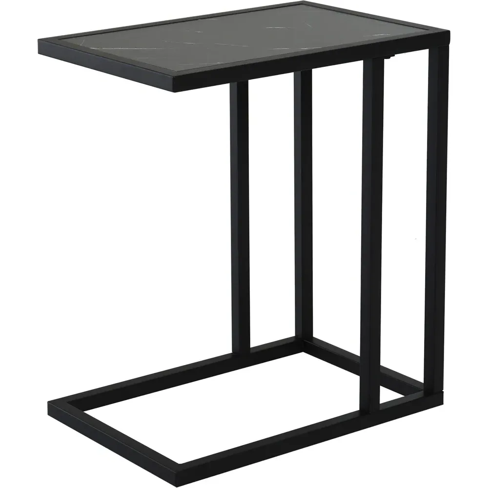 C-Shaped Side Table with Marble Effect Top - Black