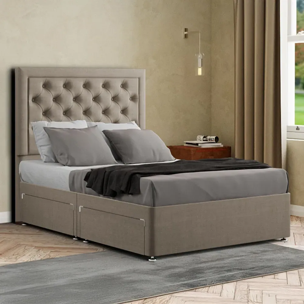 Castle Double Divan Bed with 2 Drawers - Cream, Linen
