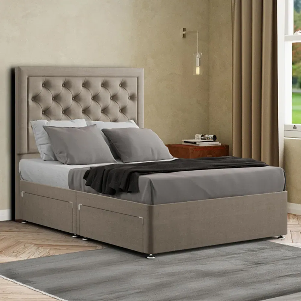 Castle Small Double Divan Bed with 2 Drawers - Cream, Linen