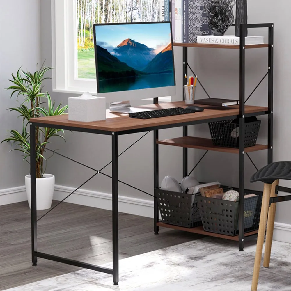 Computer Workstation Desk with Shelves - Brown