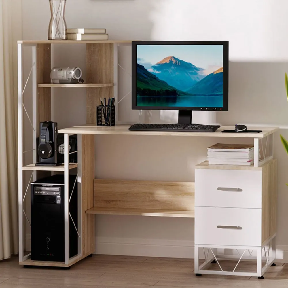 Computer Writing Desk with Drawers - Brown, Oak image