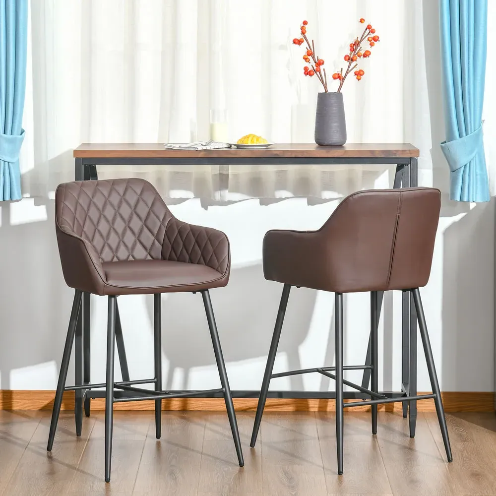 Diamond Stitch Bar Stool Set of 2 - Brown, PU Leather
