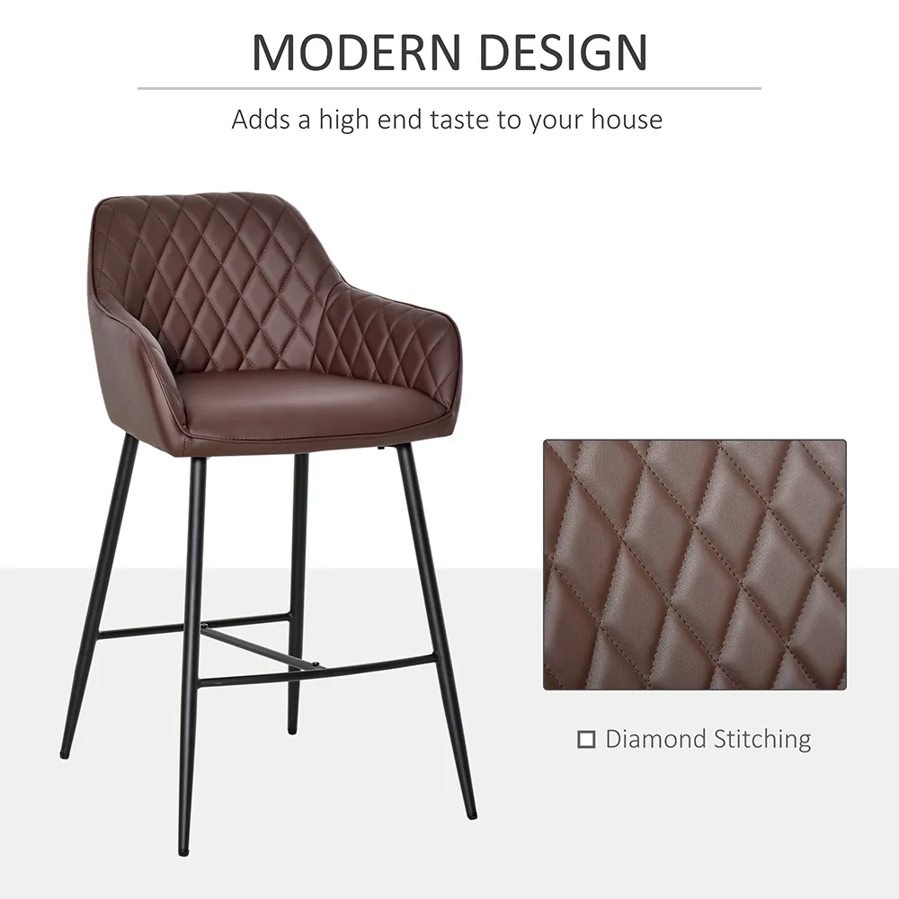 Diamond Stitch Bar Stool Set of 2 - Brown, PU Leather