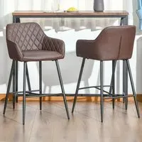 Diamond Stitch Bar Stool Set of 2 - Brown, PU Leather