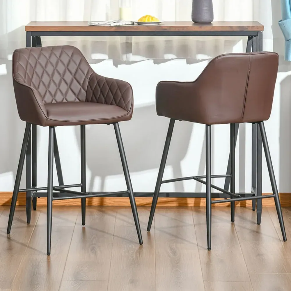Diamond Stitch Bar Stool Set of 2 - Brown, PU Leather