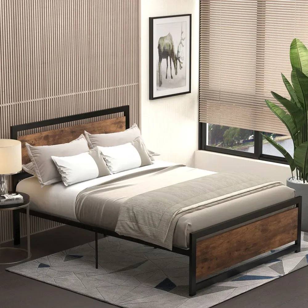 Double Metal Bed Frame with Headboard - Black
