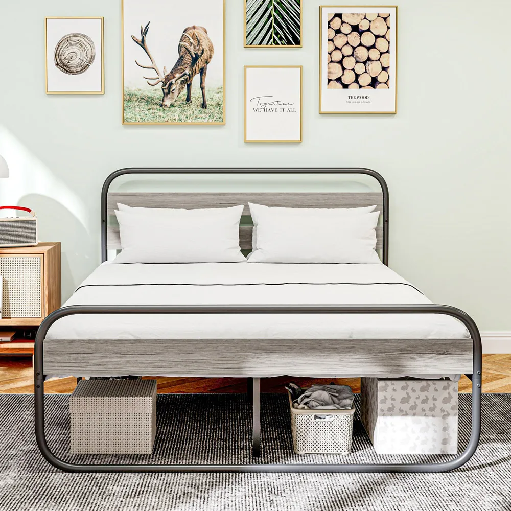 Double Metal Platform Bed Frame with Storage - Grey