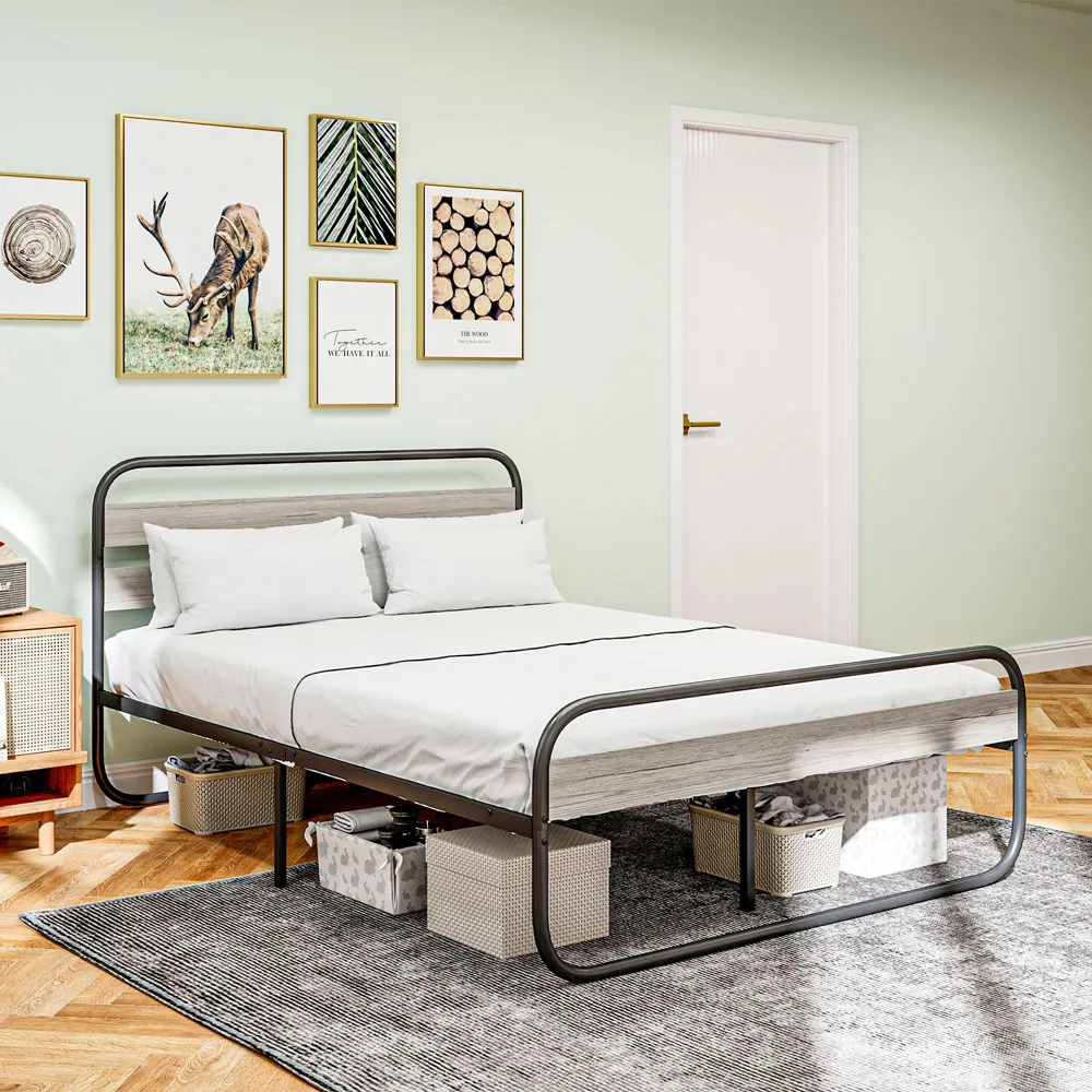 Double Metal Platform Bed Frame with Storage - Grey
