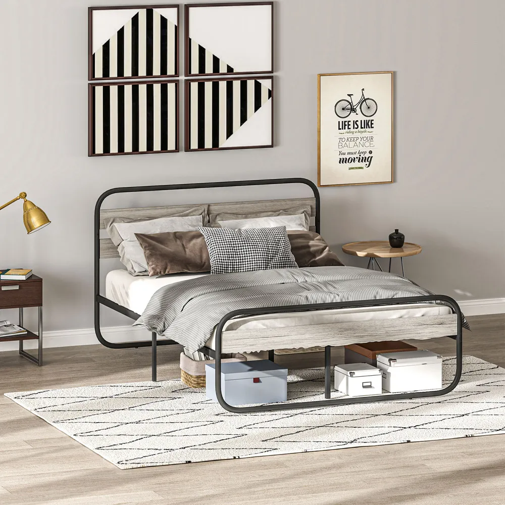 Double Metal Platform Bed Frame with Storage - Grey