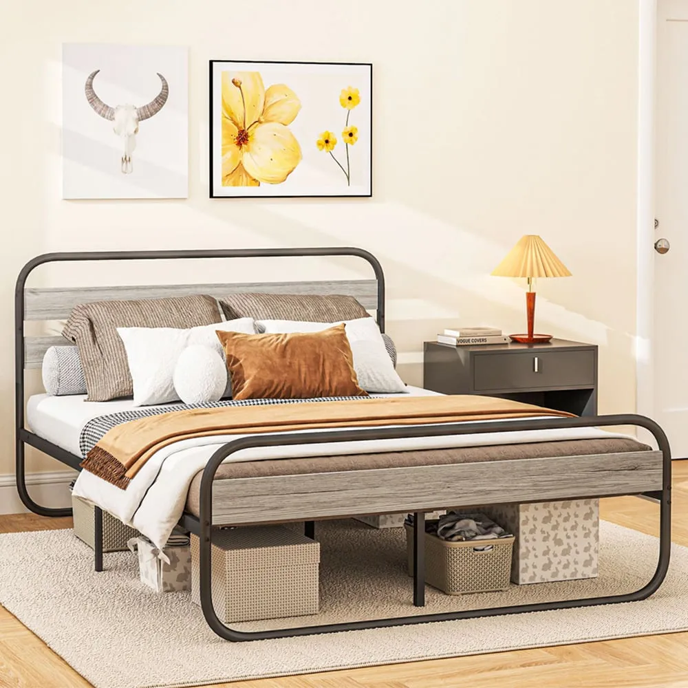Double Metal Platform Bed Frame with Storage - Grey