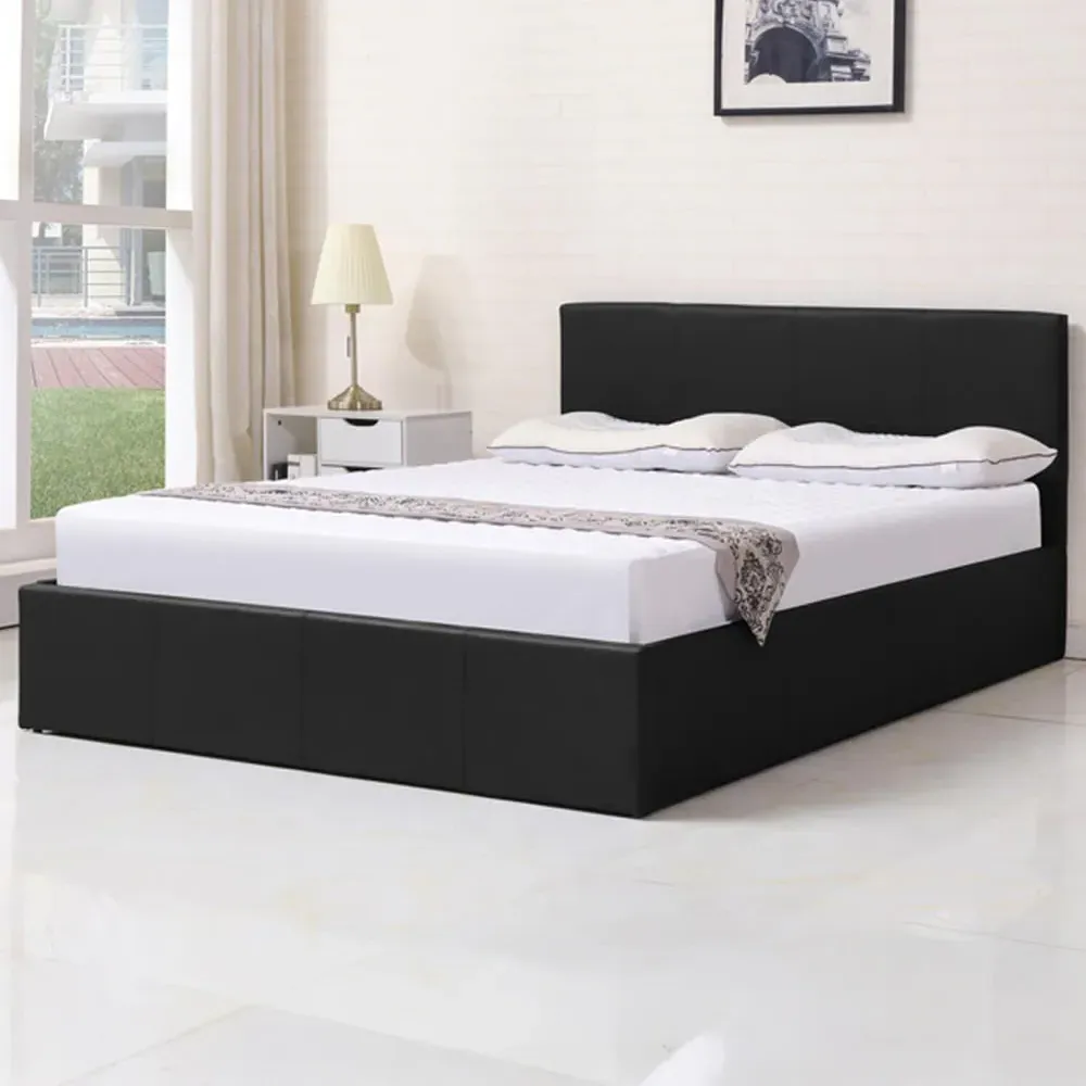 Double Ottoman Bed with Storage - Black, Leather