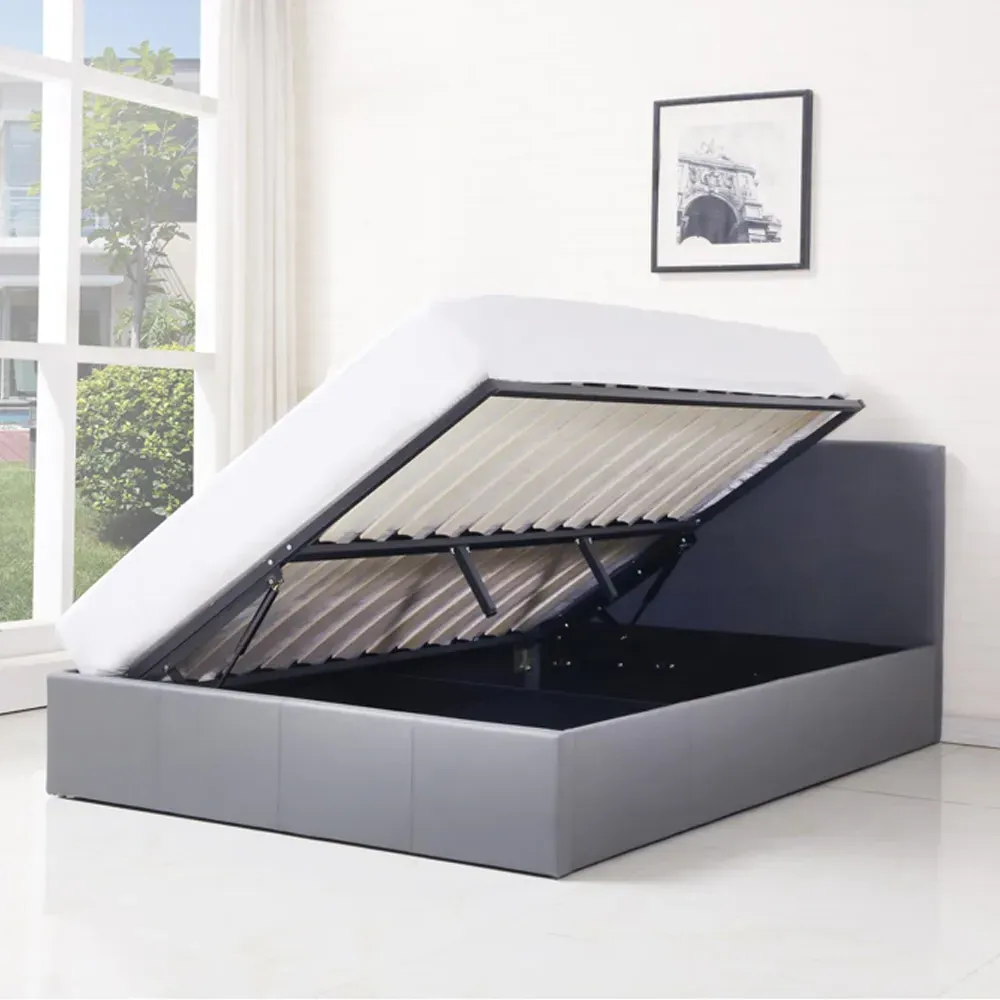 Double Ottoman Bed with Storage - Grey, Leather