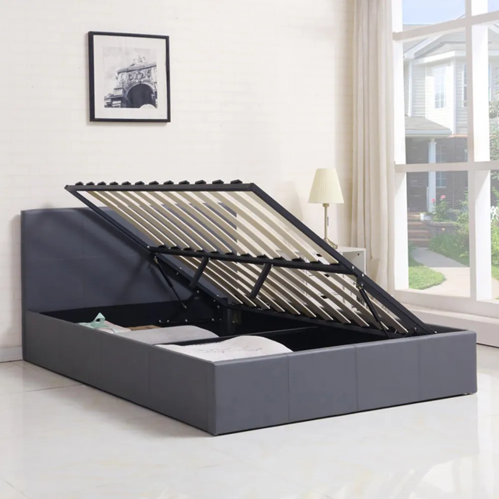 Double Ottoman Bed with Storage - Grey, Leather