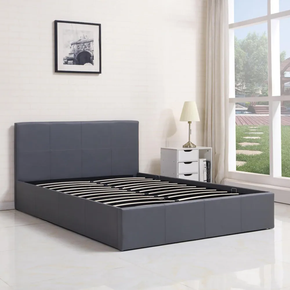 Double Ottoman Bed with Storage - Grey, Leather