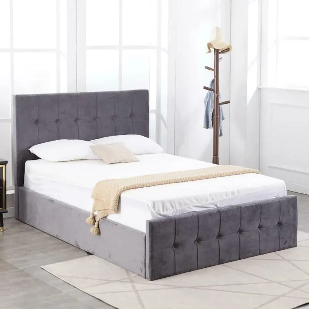 Double Ottoman Bed with Storage - Grey, Velvet