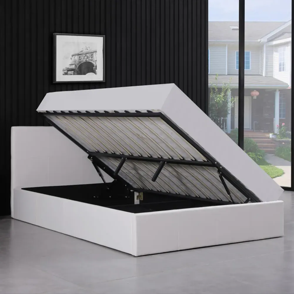 Double Ottoman Bed with Storage - White, Faux Leather