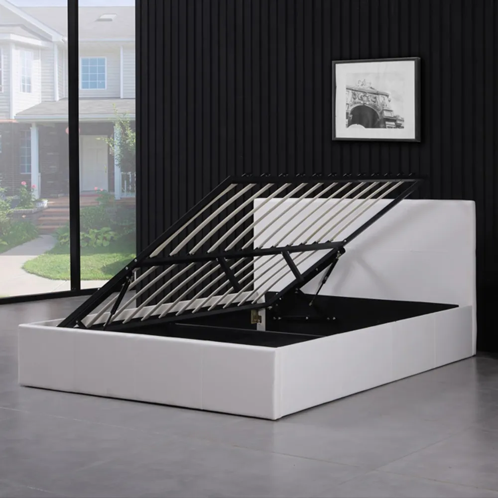 Double Ottoman Bed with Storage - White, Faux Leather