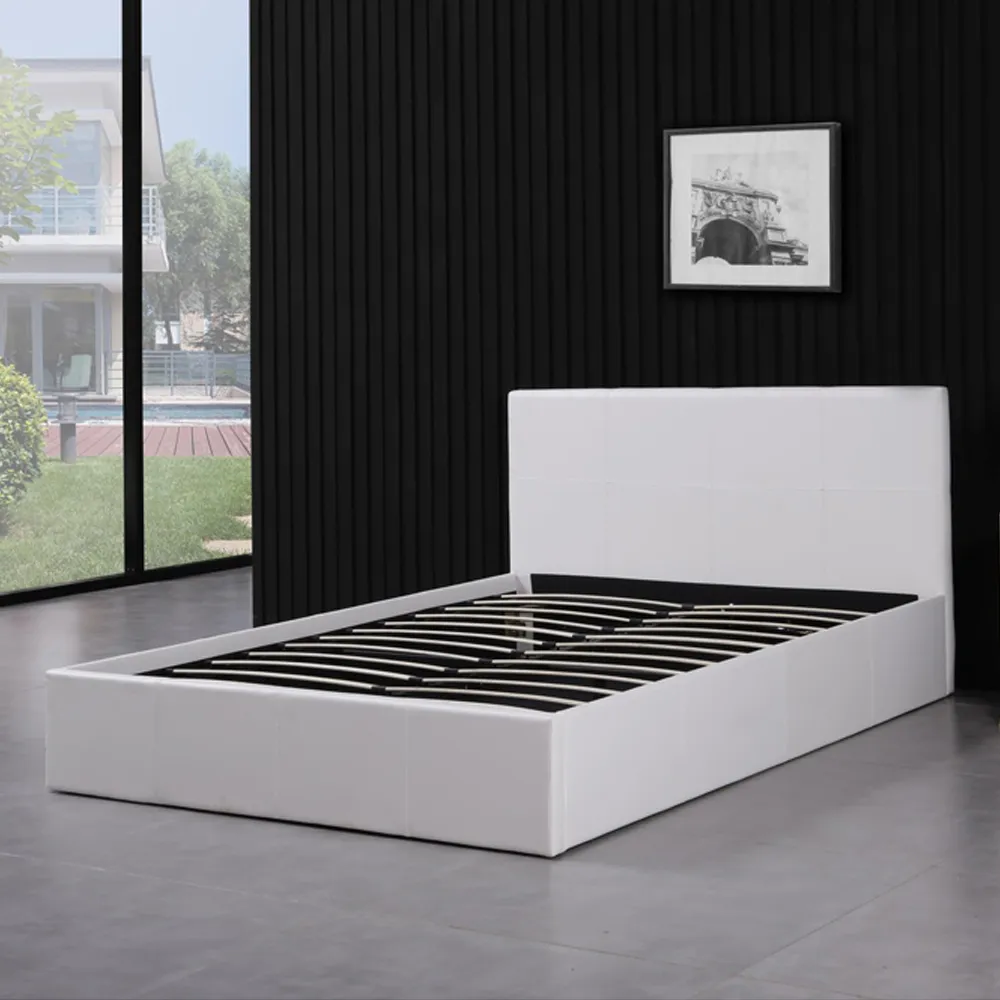Double Ottoman Bed with Storage - White, Faux Leather