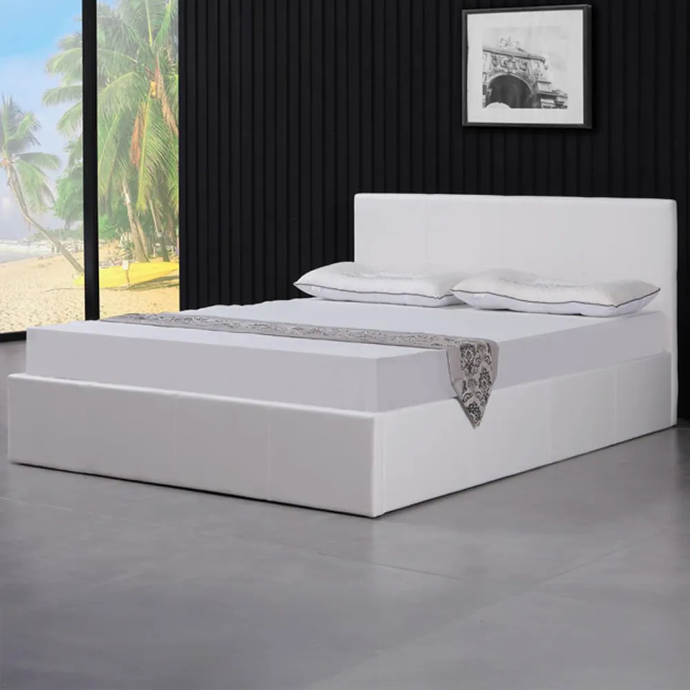 Double Ottoman Bed with Storage - White, Faux Leather